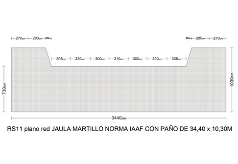 Referencia: K277, nombre: Ud. Red Jaula Lanzamiento Martillo-Disco 34,40 x 10,30 m. W.A.